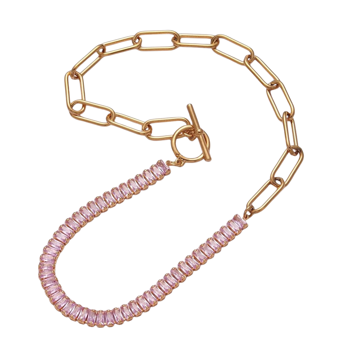 Paper Clip Baguette Half & Half CZ Necklace