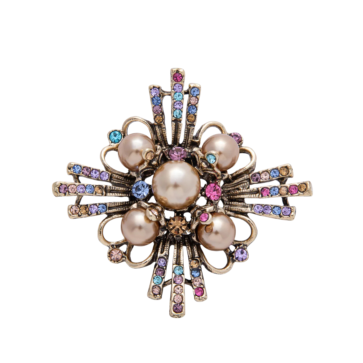 Vintage Gold Multi-Colored CZ Rhinestone Pearl Brooch Pin BH-21BH080