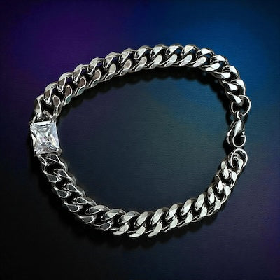 Chunky chain silver bracelet 1 rectangle cz diamond BR-2027
