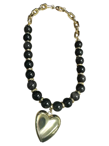 Black bead Gemstone Necklace with heart pendant NC-SJ2195