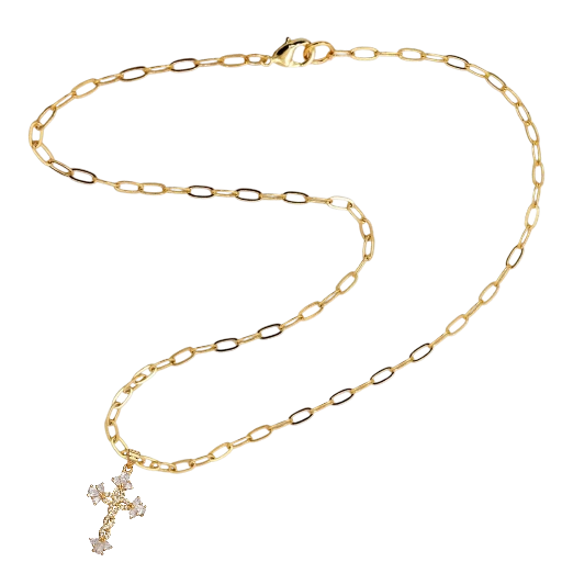 Paperclip Chain necklace with clear paved CZ cross NC-SJ2186