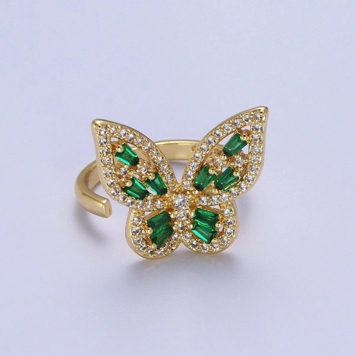 Emerald CZ Butterfly Gold Plated CZ Adjustable Ring
