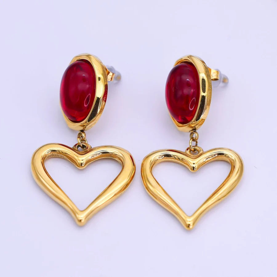 Stainless Steel Gemstone Cabochon Open Heart Drop Stud Earrings EA-21AJ002 EA-21AJ003