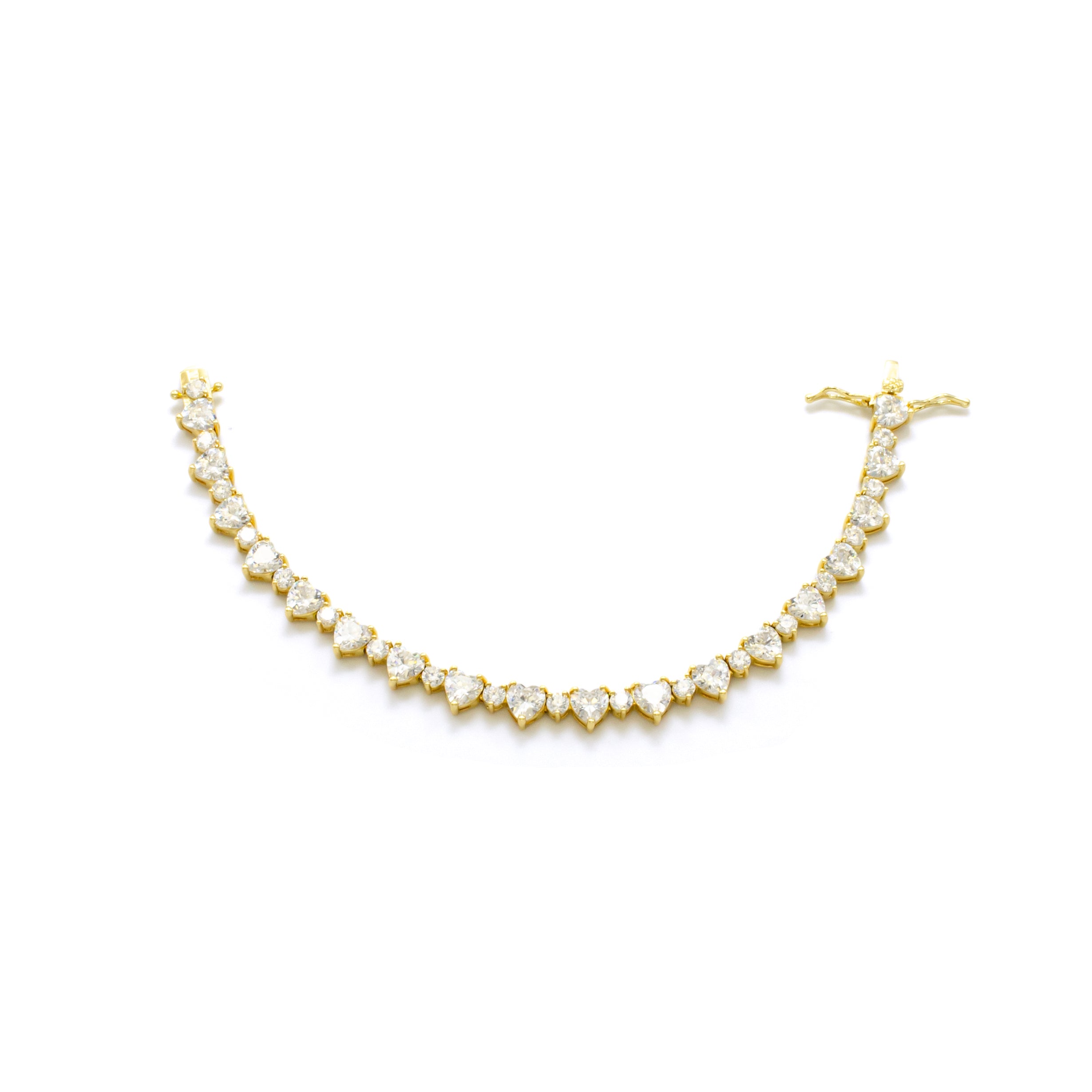 Gold Heart CZ Tennis Chain 7 Inch Bracelet